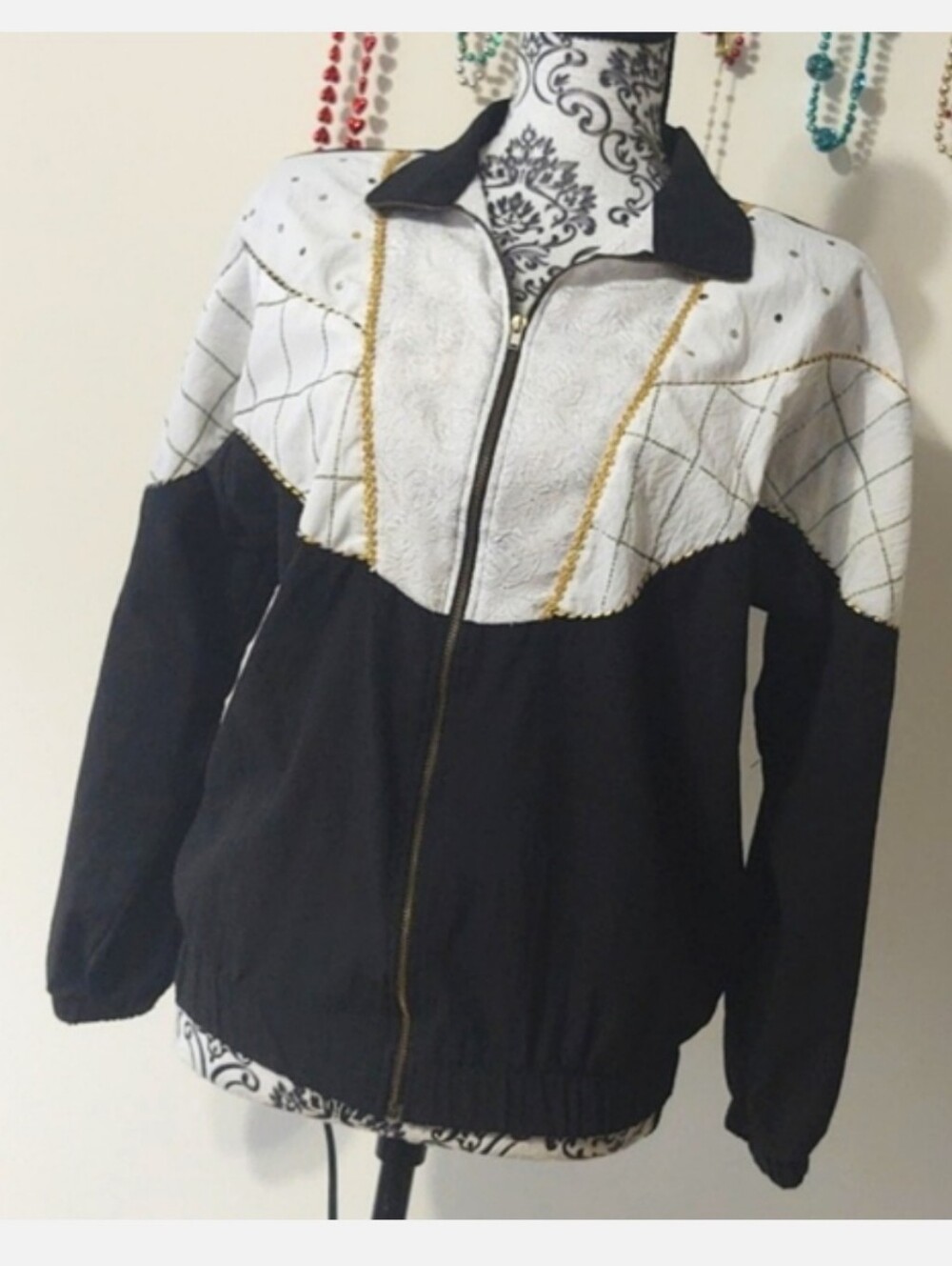 Vintage Teddi Sport Black & White Mix Pattern Unlined Windbreaker Medium Petite
